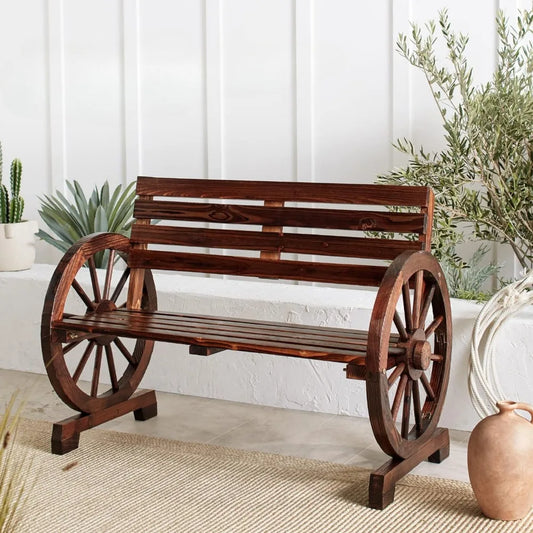 Rustic Wooden Wagon Wheel Bench: Outdoor Lounge Furniture for Backyard, Porch, Garden