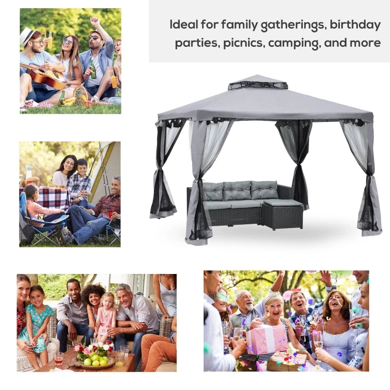 9.6'x9.6' Terrace Gazebo: 2-Tier Roof Canopy, Steel Frame, Mosquito Net, Grey, Outdoor Party Tent