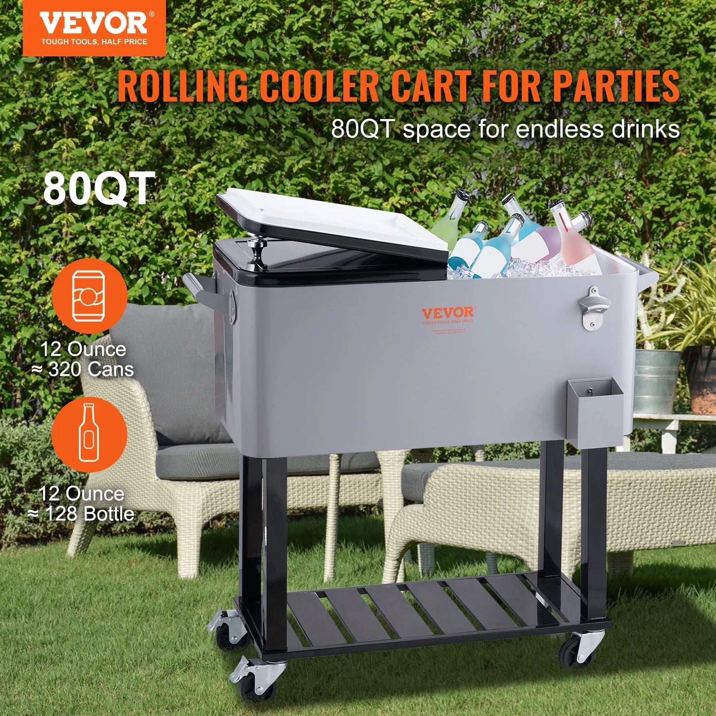 VEVOR 80 Quart Rolling Ice Chest Cooler Cart Portable Bar