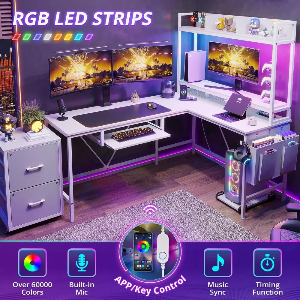 Reversible Corner Gaming Desk with Power Outlet & LED Strip: Drawer and Keyboard Tray