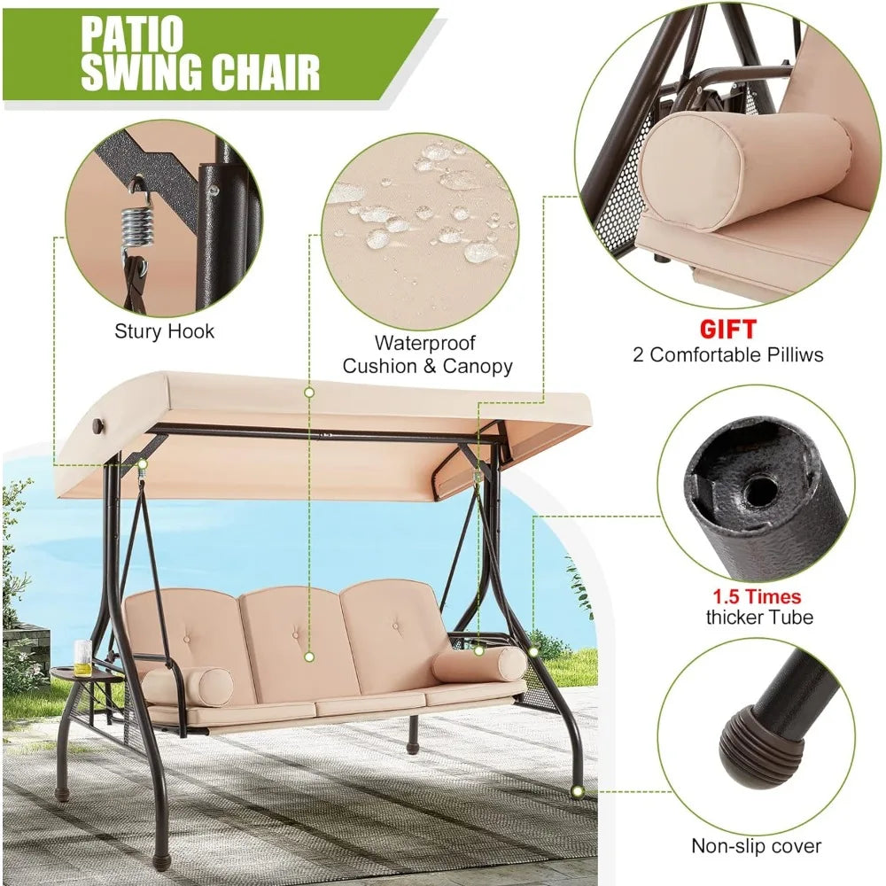 3-Seat Porch Swing Glider Chair W/Canopy, Adjustable Backrest, Cushions, Pillows & Cup Holders