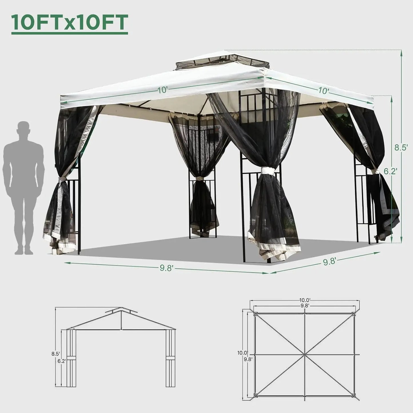 10x10 Outdoor Gazebo Canopy: Mosquito Netting, Double Roof for Party, Wedding, BBQ, Event