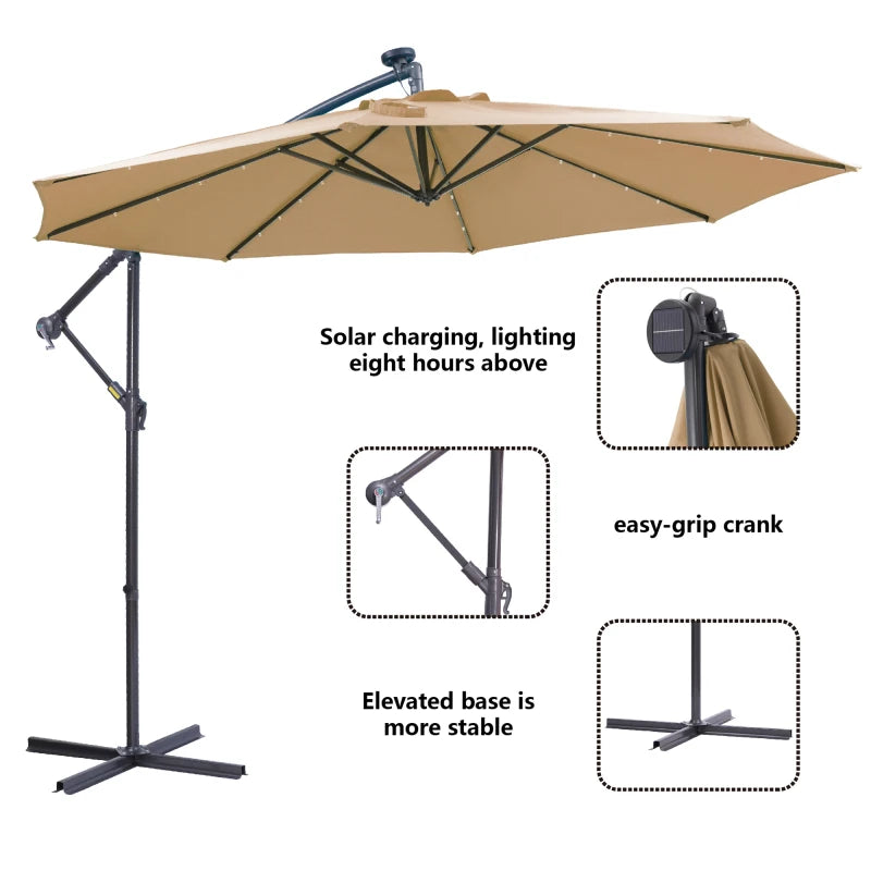 Solar LED Cantilever Patio Umbrella: 10ft Offset, Easy Open, Adjustable, 32 LED Lights - Taupe