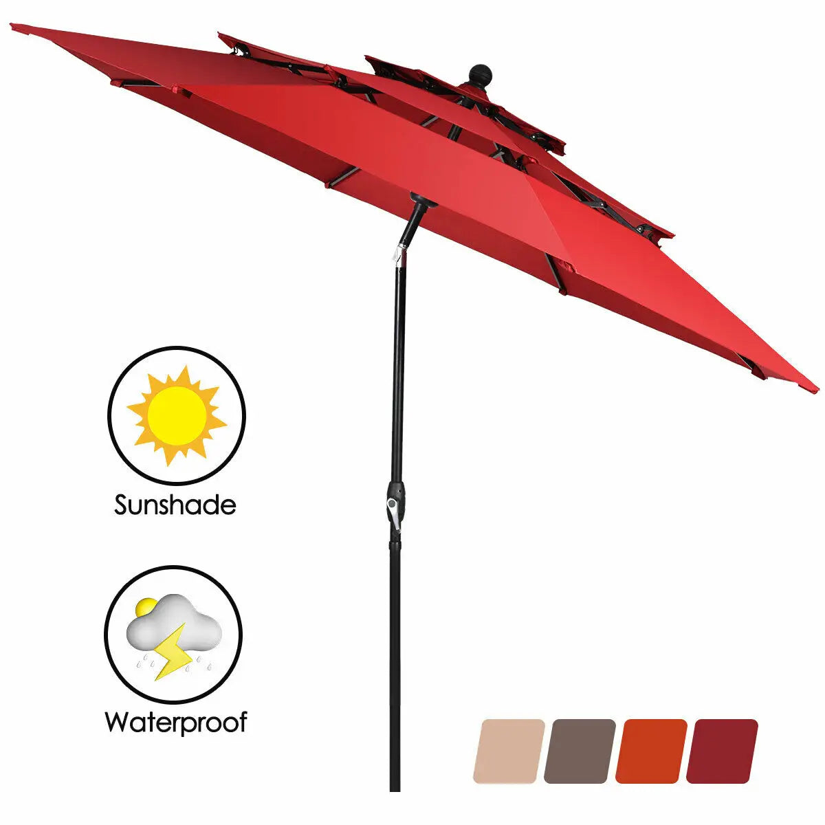 Patiojoy 10ft 3 Tier Patio Market Umbrella Aluminum Sunshade Shelter Double Vent Burgundy