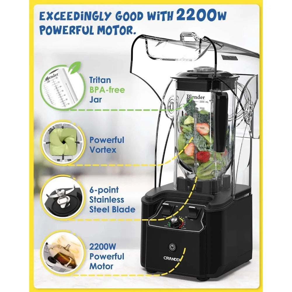 Quiet Commercial Blender with Soundproof Shield, 2200 Watt Professional Blenders for Kitchen