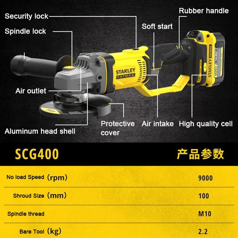 Stanley Cordless Angle Grinder: SCG400, 100x16mm, 9000rpm, Low Vibration, PowerShare 20v