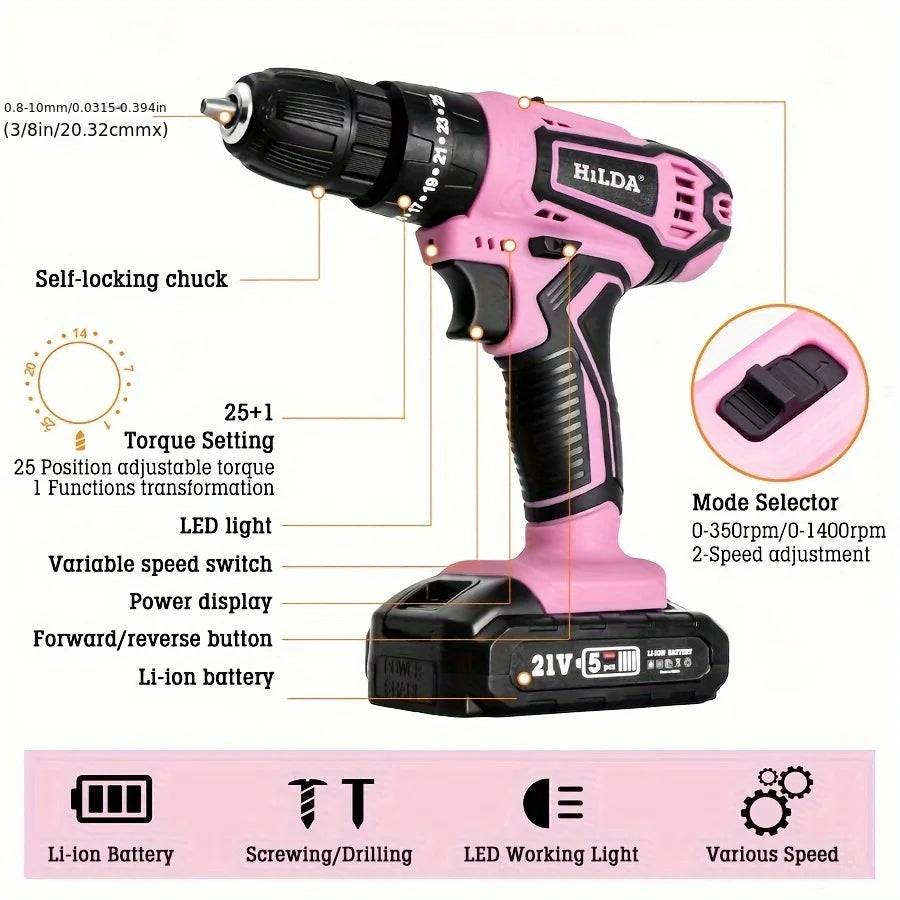 Pink 21V Cordless Drill Set: Compact Electric Power Driver with Lithium-Ion Battery and Carry Bag