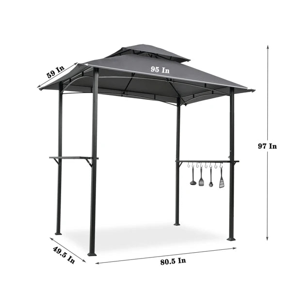 Outdoor Grill Gazebo 8x5ft: Double Tier Canopy, Steel Frame, Bar Counters, Grey Shelter Tent