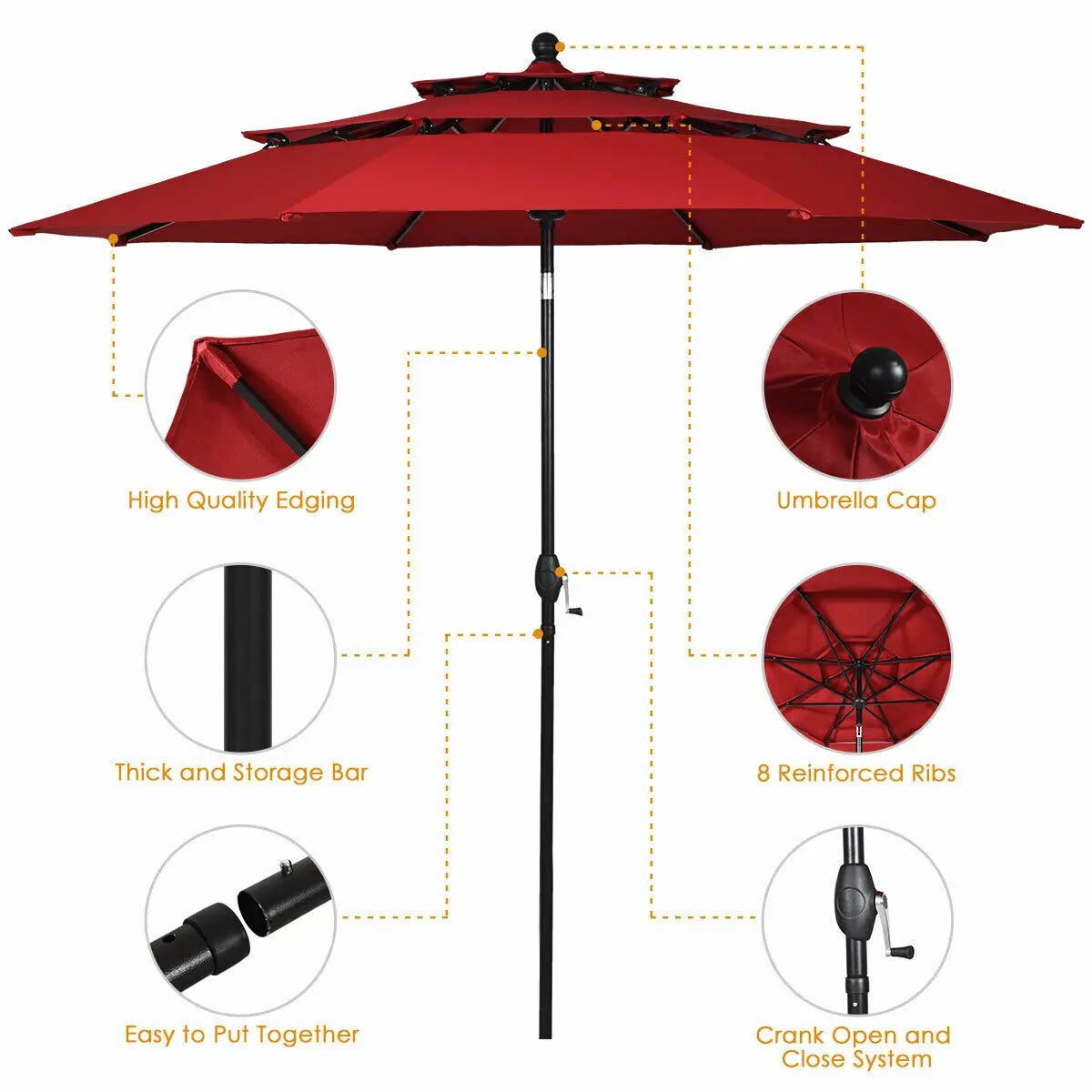 Patiojoy 10ft 3 Tier Patio Market Umbrella Aluminum Sunshade Shelter Double Vent Burgundy