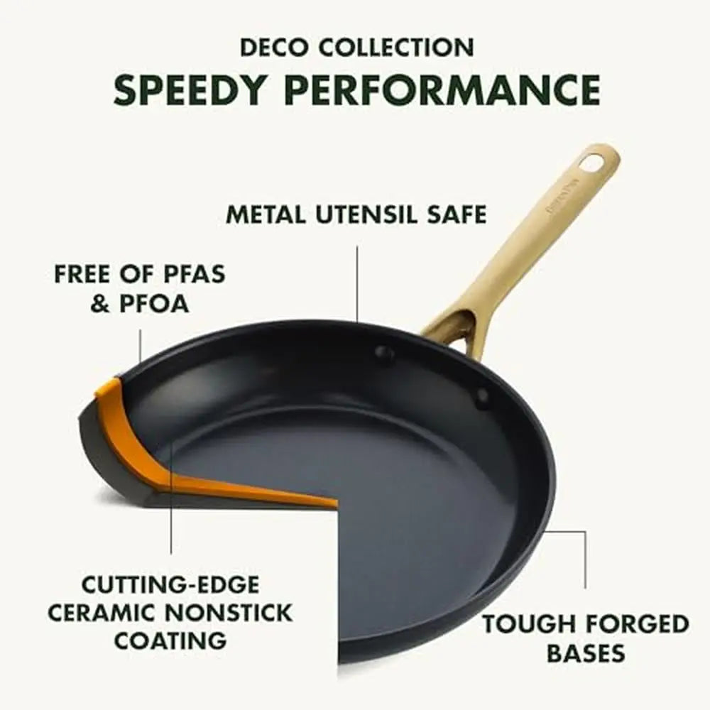 Hard Anodized Ceramic Nonstick Cookware Set 11 Piece Kitchen Pots Pans Glass Lids Gold-Tone Handles