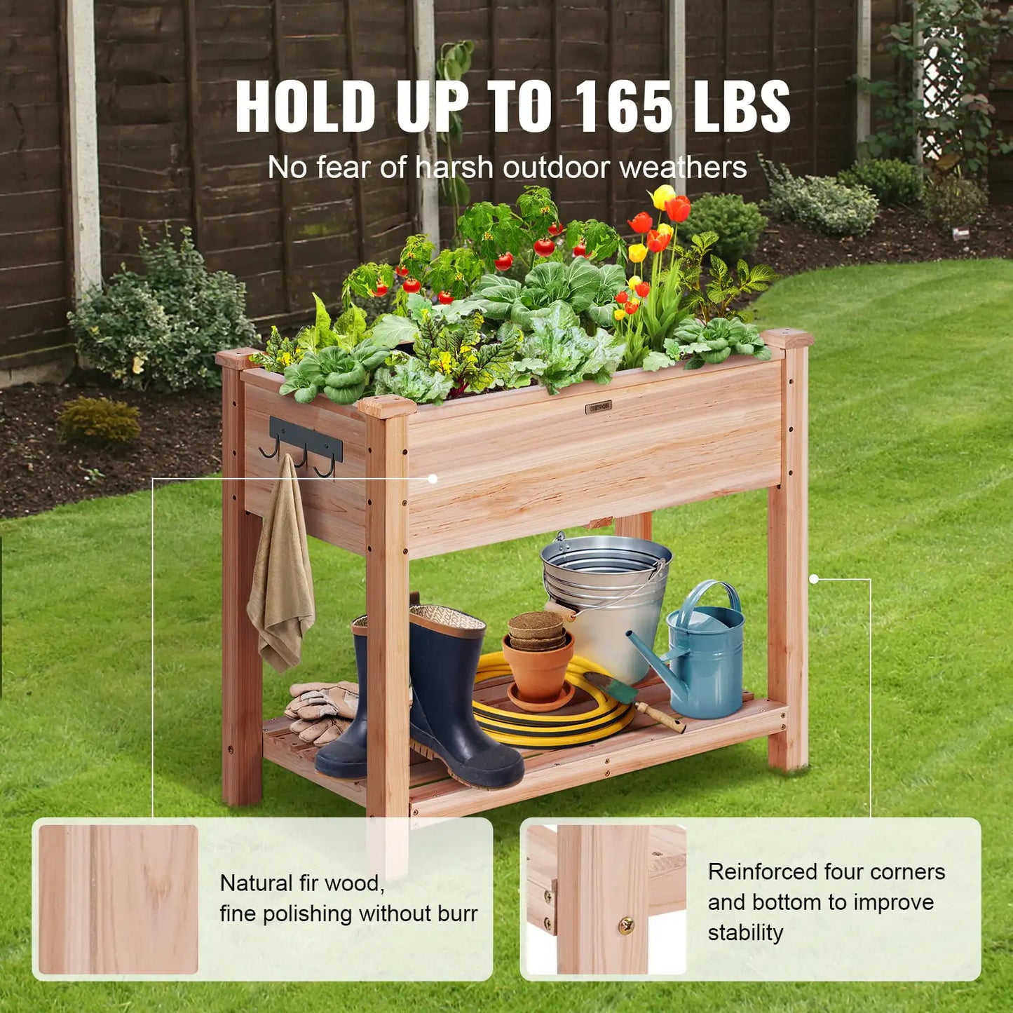 Elevated Wooden Garden Bed with Sturdy Legs, Non-Woven Liner, and Tool Set: Raised Planting Stand