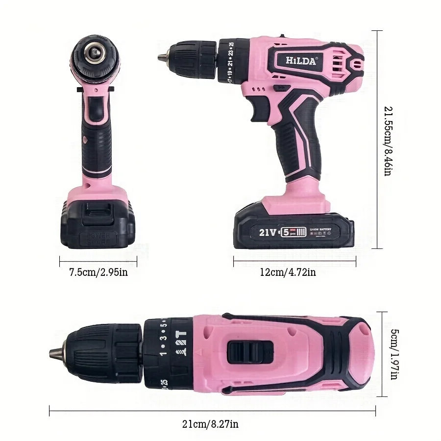 Pink 21V Cordless Drill Set: Compact Electric Power Driver with Lithium-Ion Battery and Carry Bag