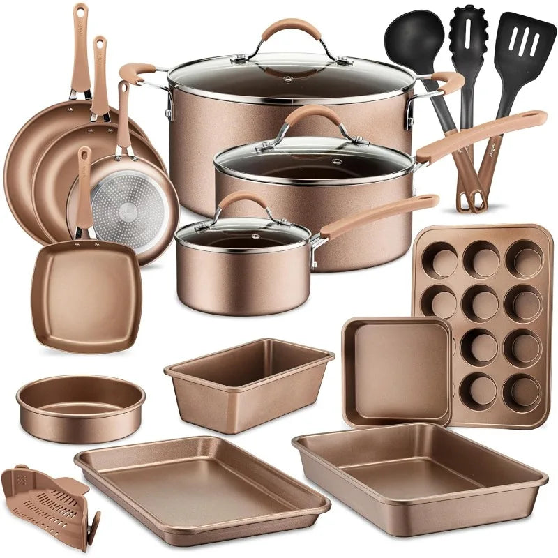 Complete 20-Piece Professional Cookware & Bakeware Set: Non-Stick Kitchenware w/ Cool-Touch Handles