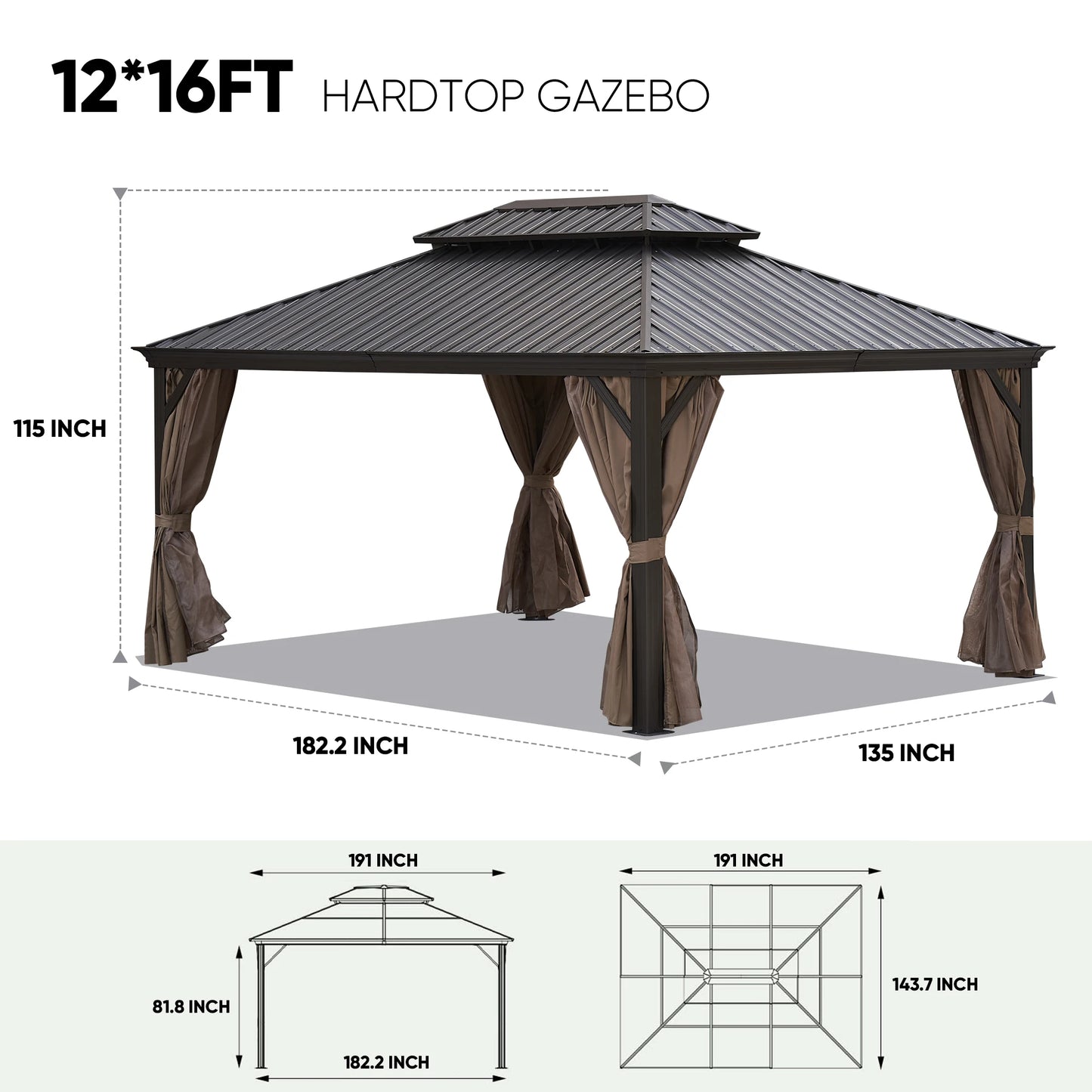 12x16FT Patic Gazebo Alu Gazebo with Steel Canopy Outdoor Permanent Hardtop - Link Logical Mall