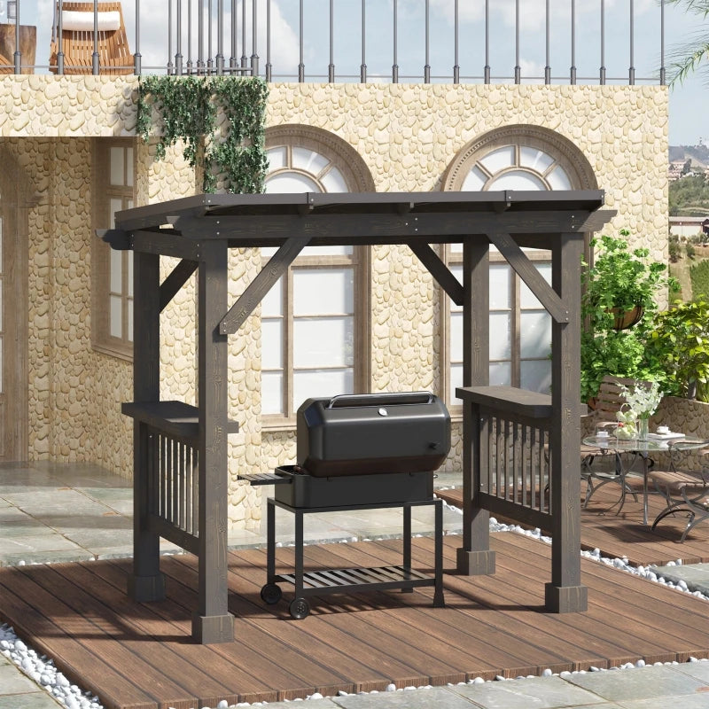 8.5 x 5.5ft Wooden Grill Gazebo Outdoor BBQ with Bar Counters, Hardtop Pergola with Steel Pent Roof - Link Logical Mall