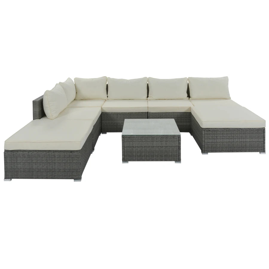 Garden Conversation Wicker Sofa 8pc Set Outdoor Patio Furniture Sets, Beige Cushions Gray Wicker - Link Logical Mall