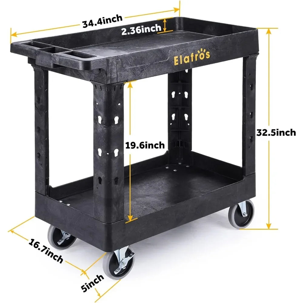 Heavy-Duty Plastic Utility Cart: 34x17", Deep Shelves, Swivel Wheels, Holds Heavy Loads Safely