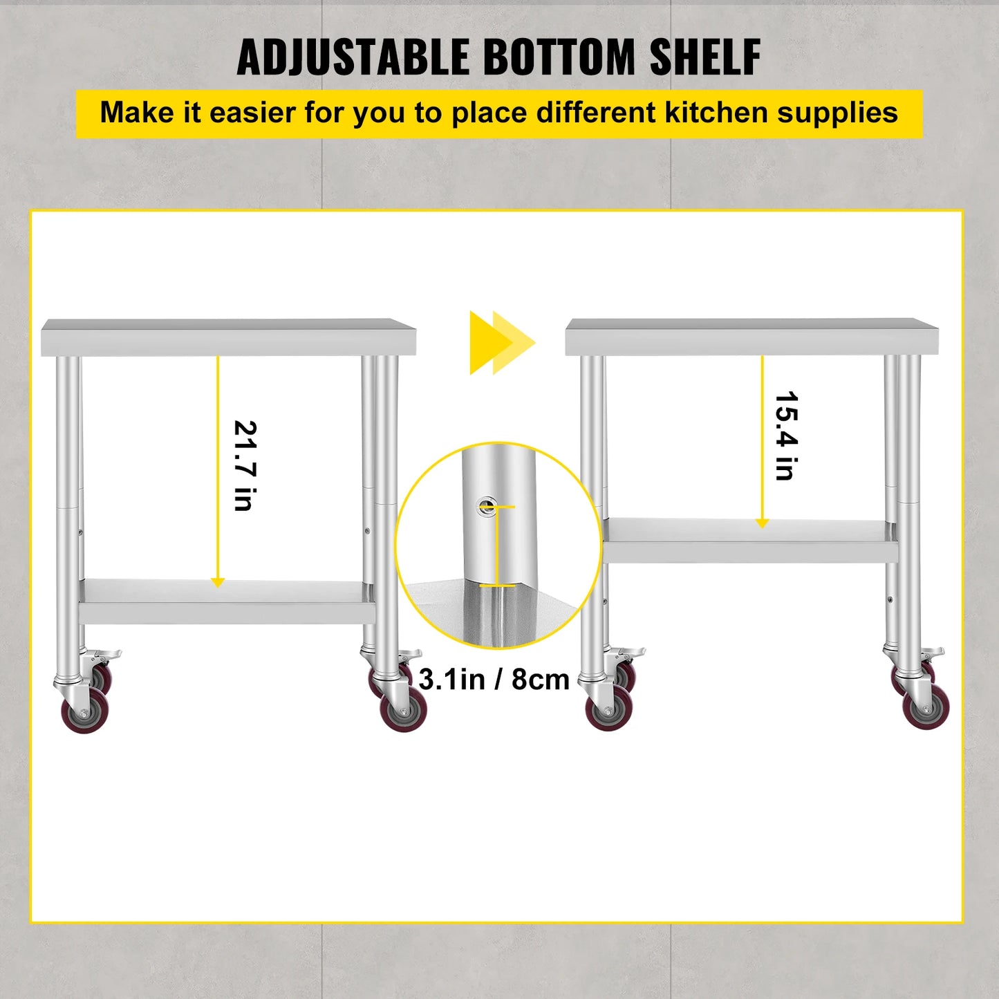 VEVOR Stainless Steel Kitchen Worktable shelves Commercial Work Bench Table with Caster Wheels