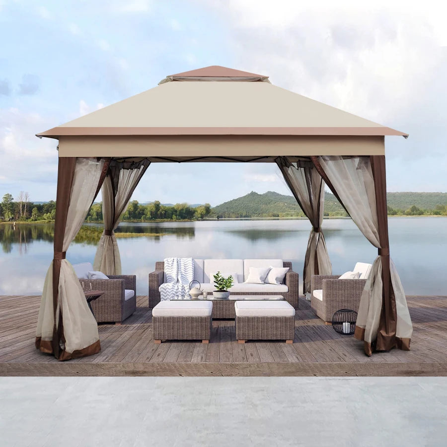 Instant Oasis: 11x11Ft Pop-Up Gazebo Canopy with Zipper Netting, 2-Tier Soft Top Event Tent