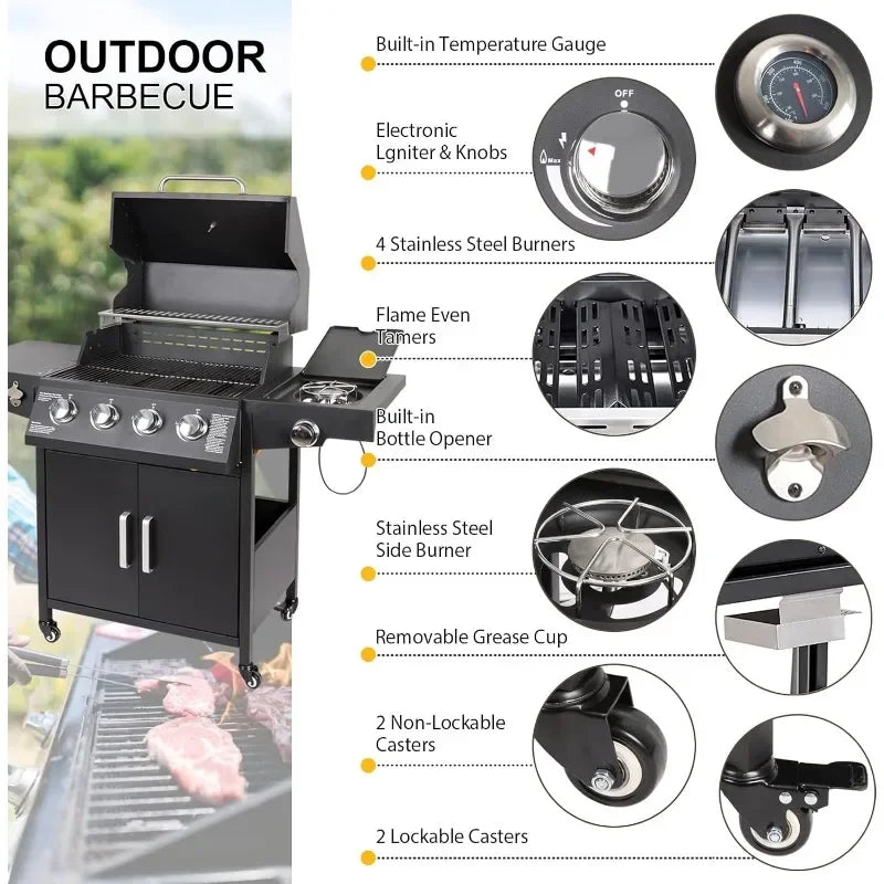 4-Burner Propane Gas Grill: Freestanding Cart with Side Burner, Wheels for Outdoor Barbecue