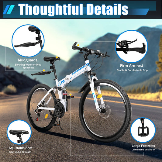 26" Folding Mountain Bike with Dual Disc Brake Men Women Bikes 21-Speed - Link Logical Mall