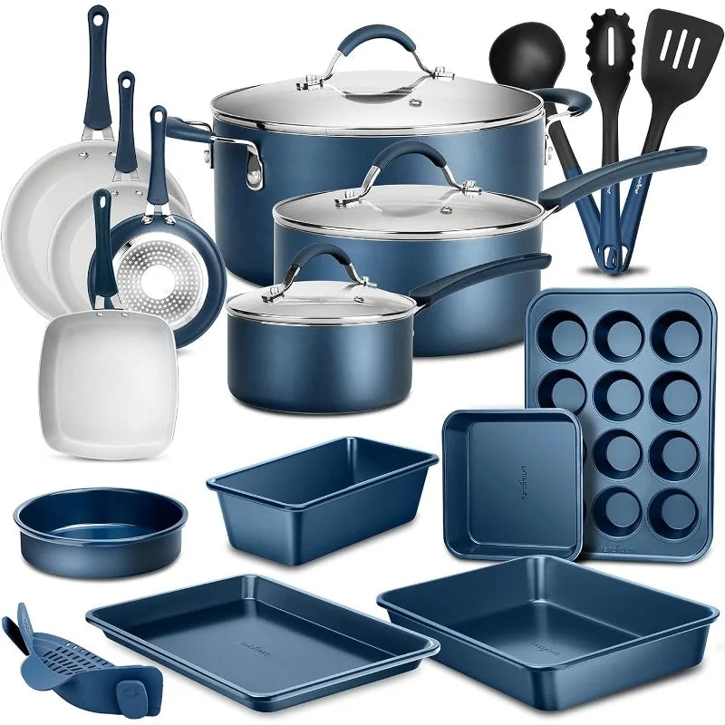 Complete 20-Piece Professional Cookware & Bakeware Set: Non-Stick Kitchenware w/ Cool-Touch Handles