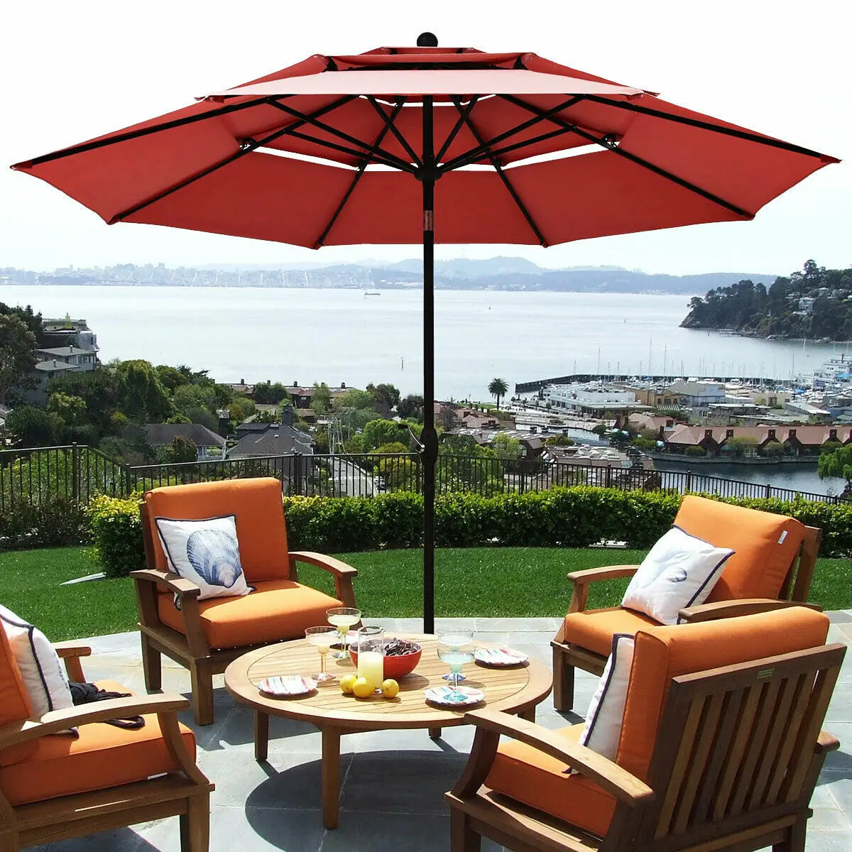 Patiojoy 10ft 3 Tier Patio Market Umbrella Aluminum Sunshade Shelter Double Vent Burgundy