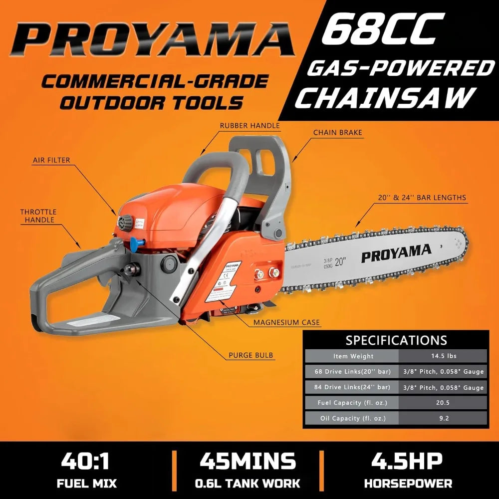 68CC Top Handle Chainsaw, 24"/20" Gas-Powered Handheld Cordless Saw for Tree Wood Cutting