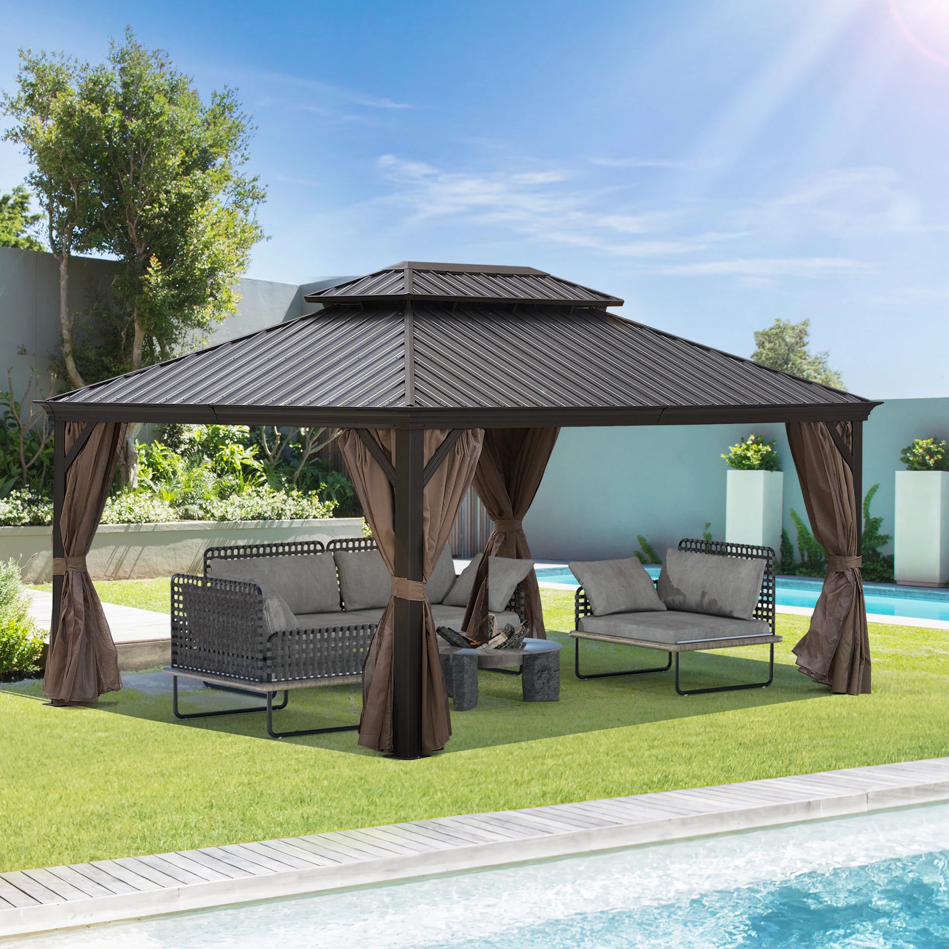 12x16FT Patic Gazebo Alu Gazebo with Steel Canopy Outdoor Permanent Hardtop - Link Logical Mall