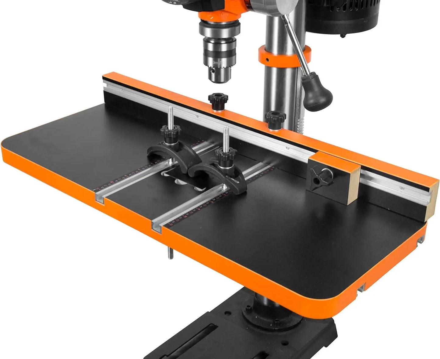 2.3-Amp 8-Inch 5-Speed Cast Iron Benchtop Drill Press Black Orange and a 2-inch spindle travel