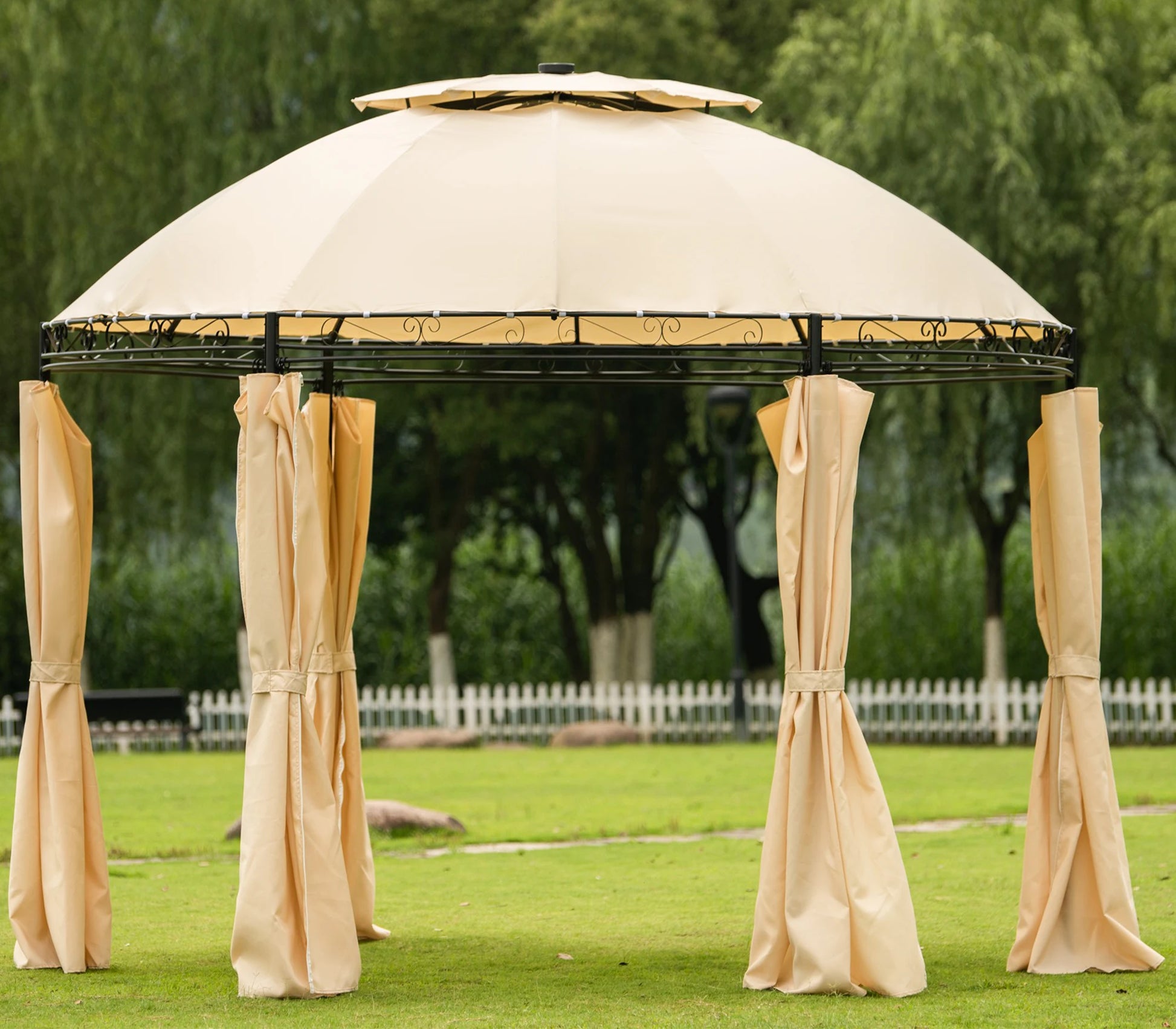 Outdoor Gazebo Steel Fabric Round Soft Top Gazebo, Patio Dome Gazebo with Removable Curtains - Link Logical Mall