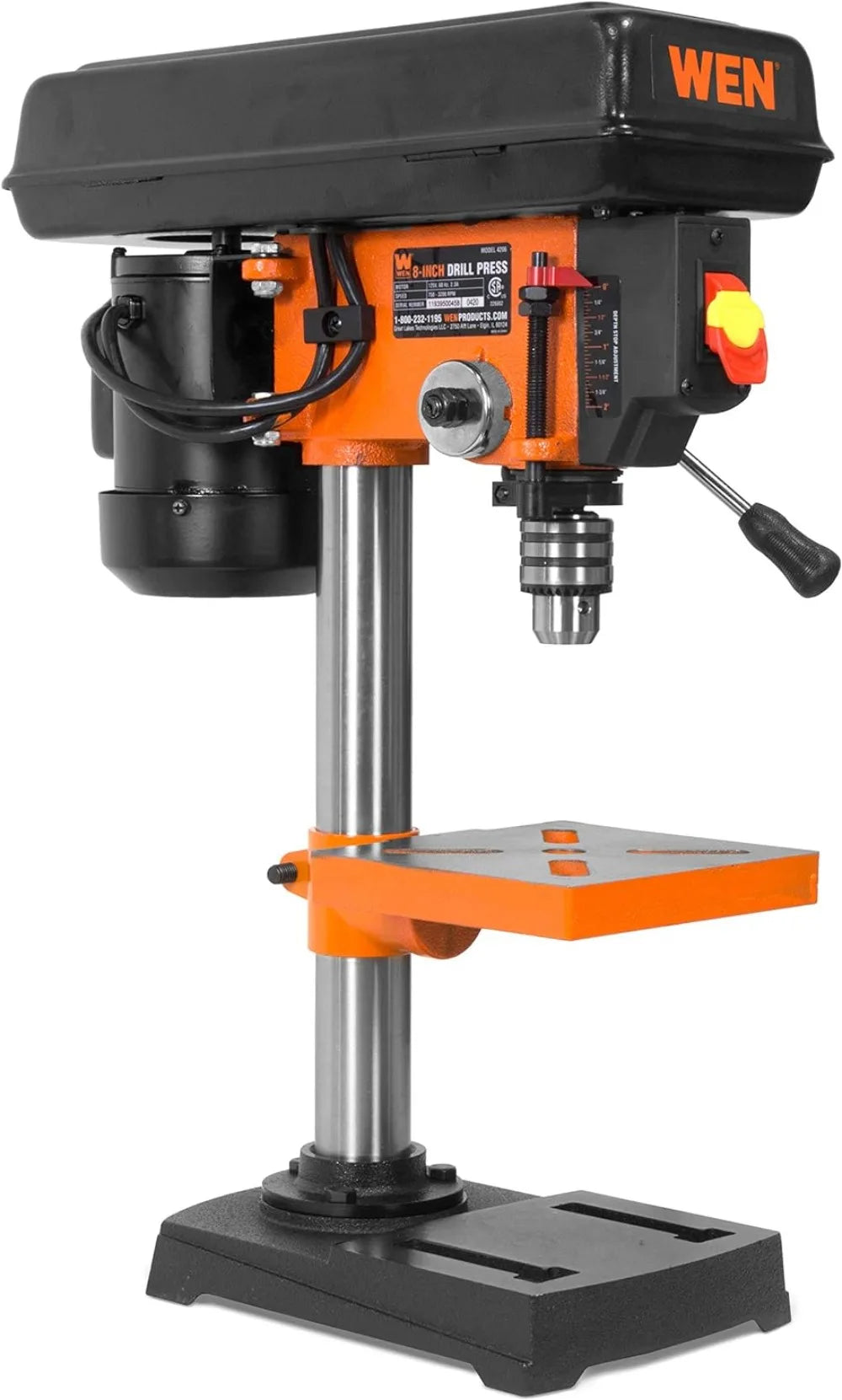 2.3-Amp 8-Inch 5-Speed Cast Iron Benchtop Drill Press Black Orange and a 2-inch spindle travel