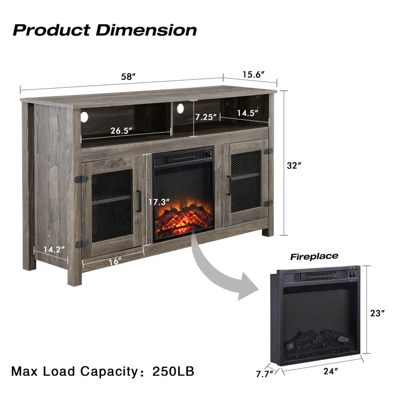 TV Stand w/ Electric Fireplace - Fits up to 65" Flat Screen, Storage Cabinet, Adjustable Shelves