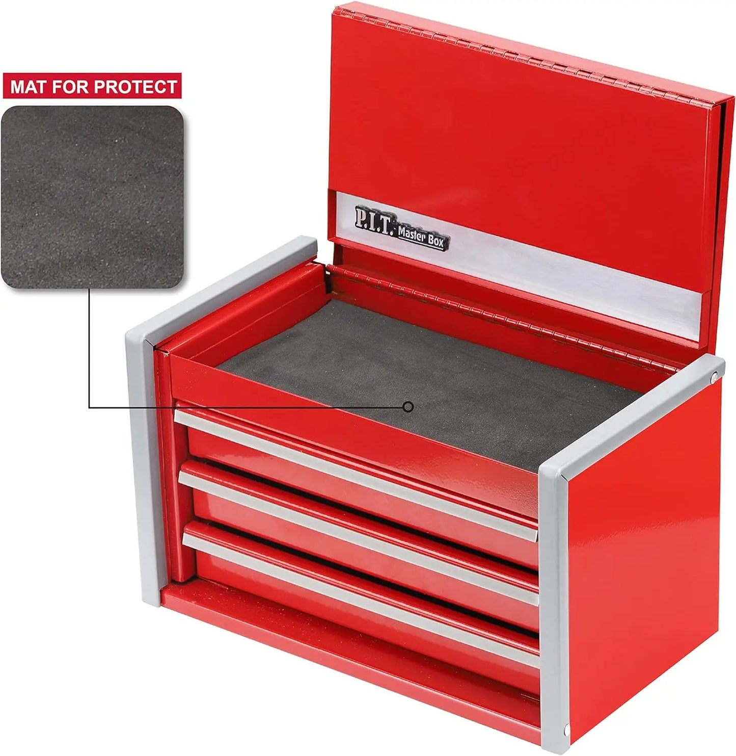 Mini Red Tool Box: Portable 3-Drawer Steel with Magnetic Tab Locking, Red Micro Top Chest for Tools