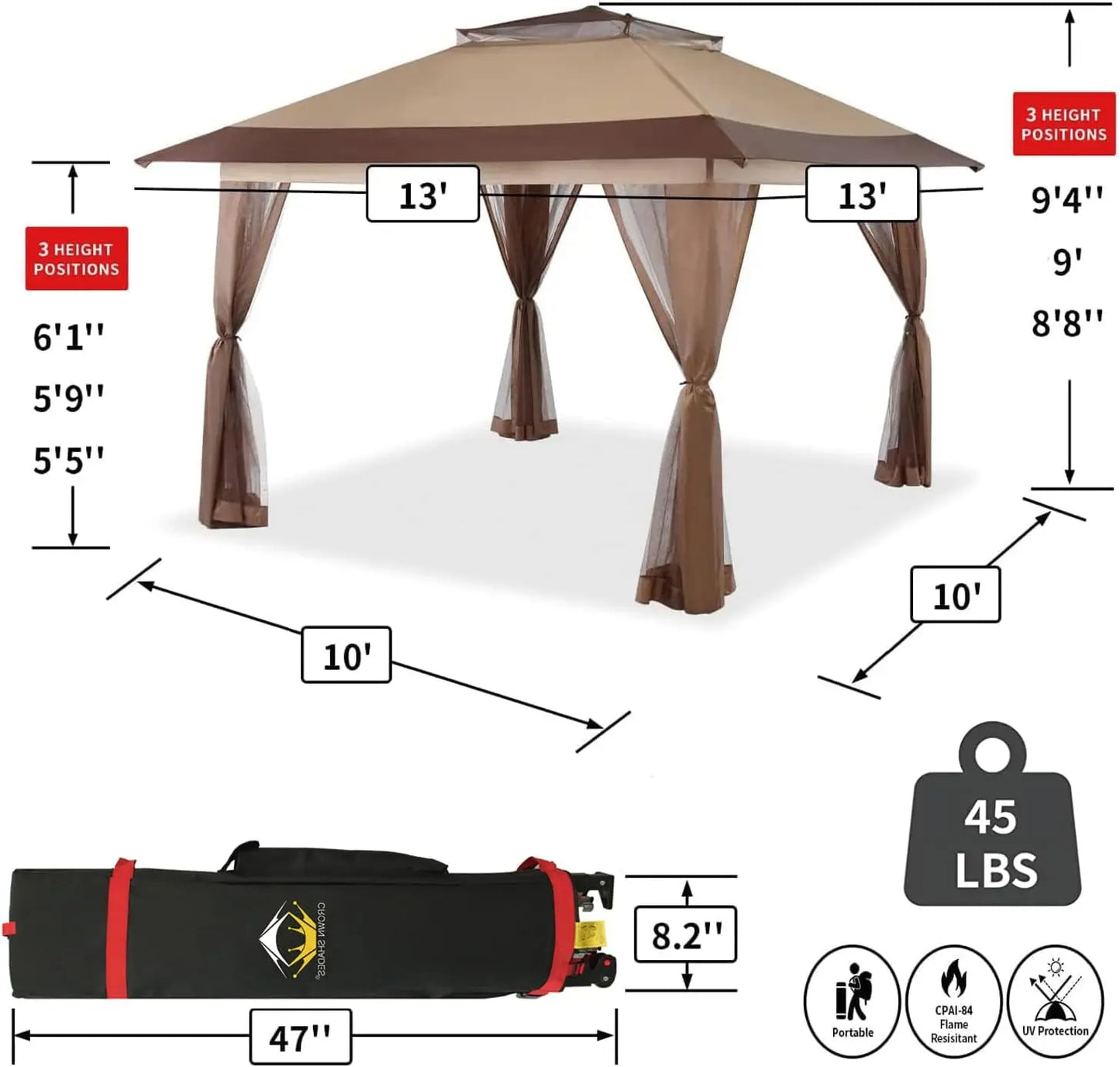 Effortless Elegance: 13x13 Pop-Up Gazebo with Patented Center Lock, 10x10 Base, Quick Setup