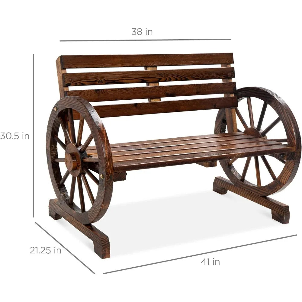 Rustic Wooden Wagon Wheel Bench: Outdoor Lounge Furniture for Backyard, Porch, Garden