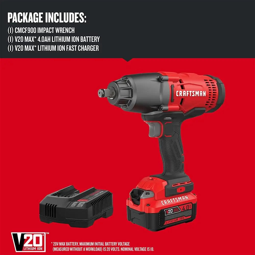 CRAFTSMAN V20 RP Impact Wrench: Cordless, Brushless, 1/2", 4Ah Battery, Charger Included