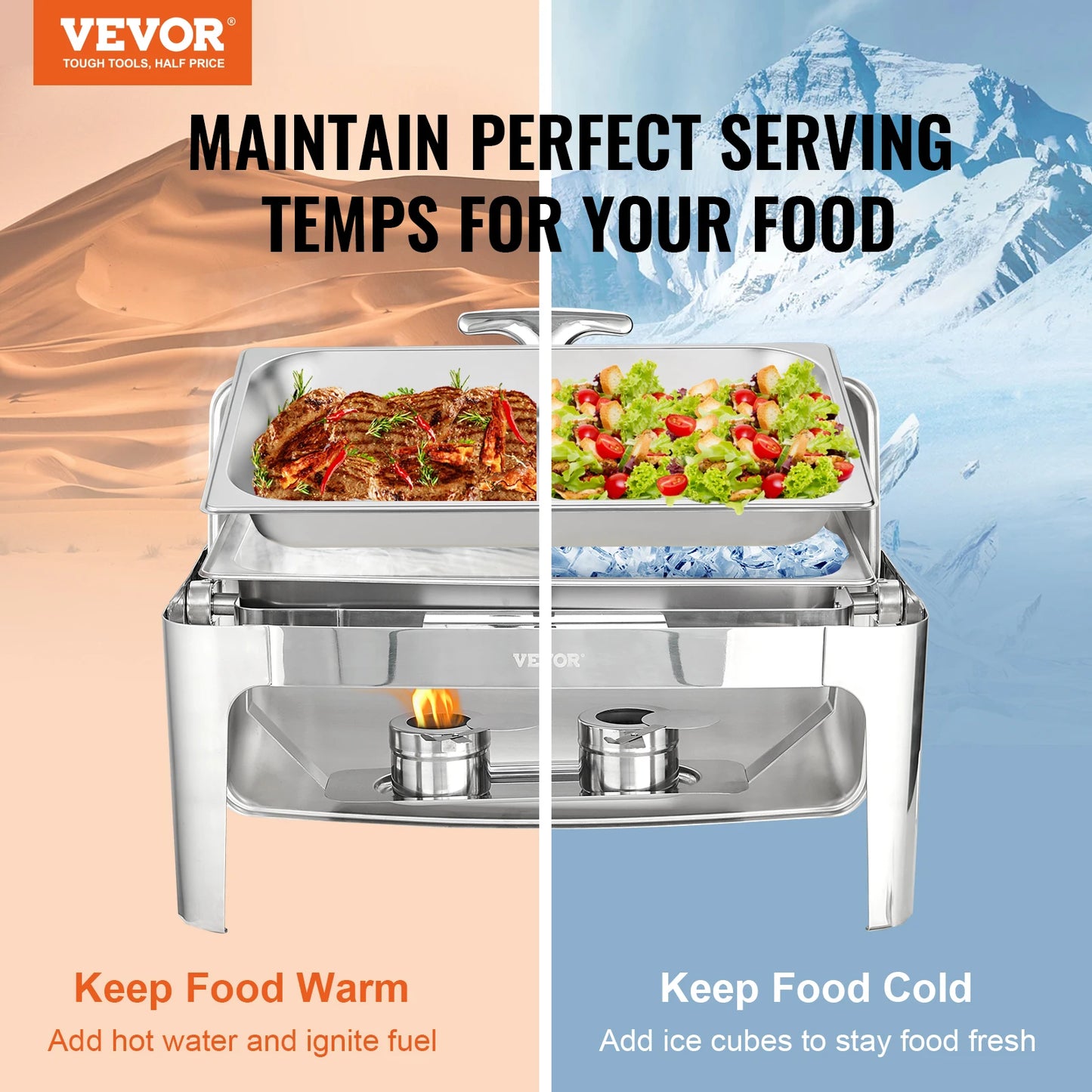 VEVOR 9QT Roll-top Chafing Dish, Set Stainless Steel w/2 Half Pans Rectangle Catering Warmer w/Lid