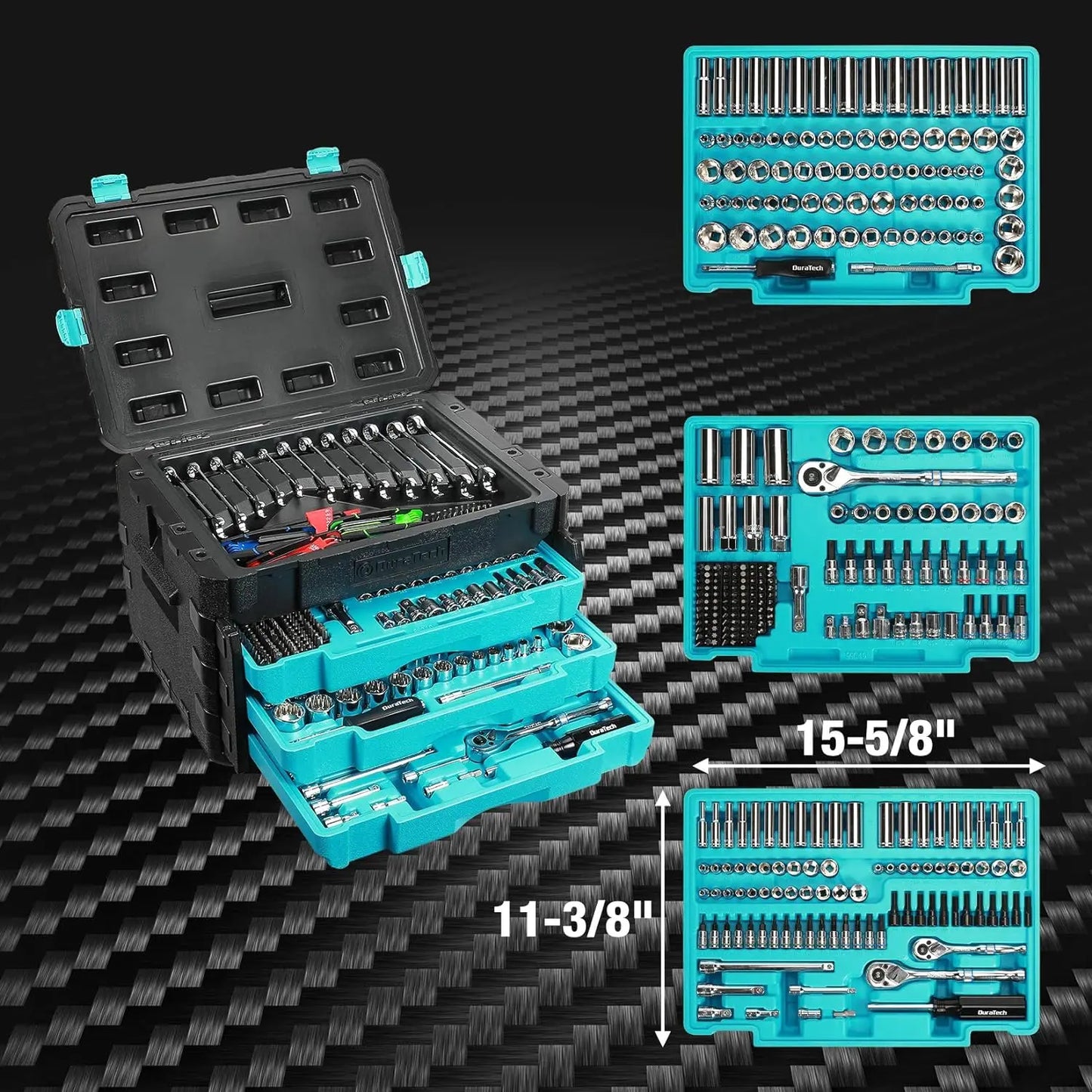 DURATECH 497-Piece Mechanics Tool Set: SAE/Metric Sockets, 90-Tooth Ratchet, Wrench in 3-Drawer Box