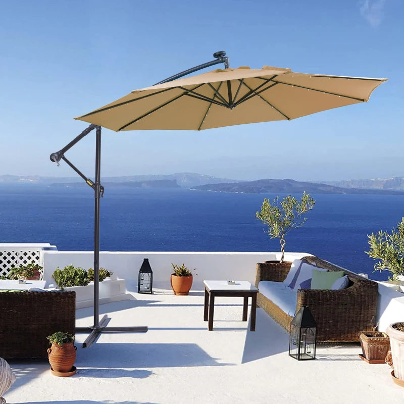 Solar LED Cantilever Patio Umbrella: 10ft Offset, Easy Open, Adjustable, 32 LED Lights - Taupe