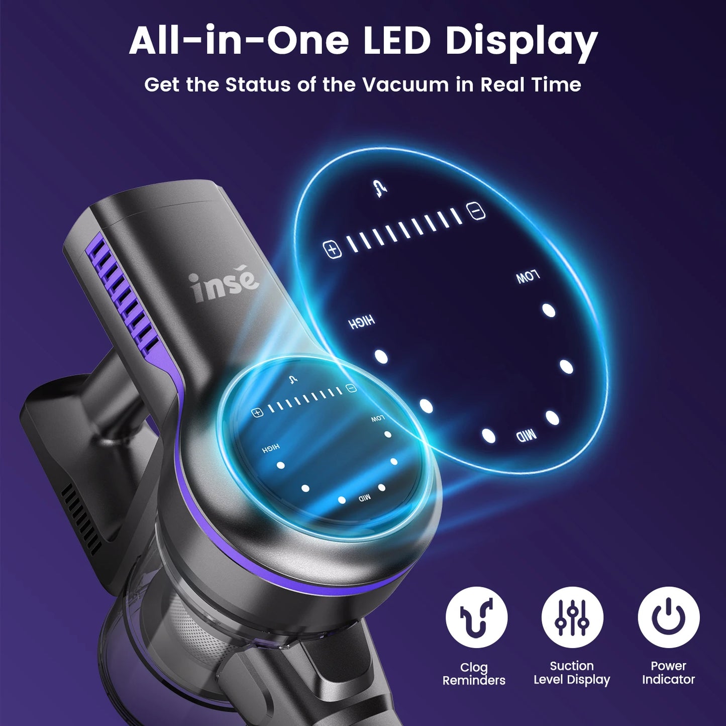 INSE S7P Cordless Vacuum: 26Kpa Suction, 6-in-1, Free-Stand Design