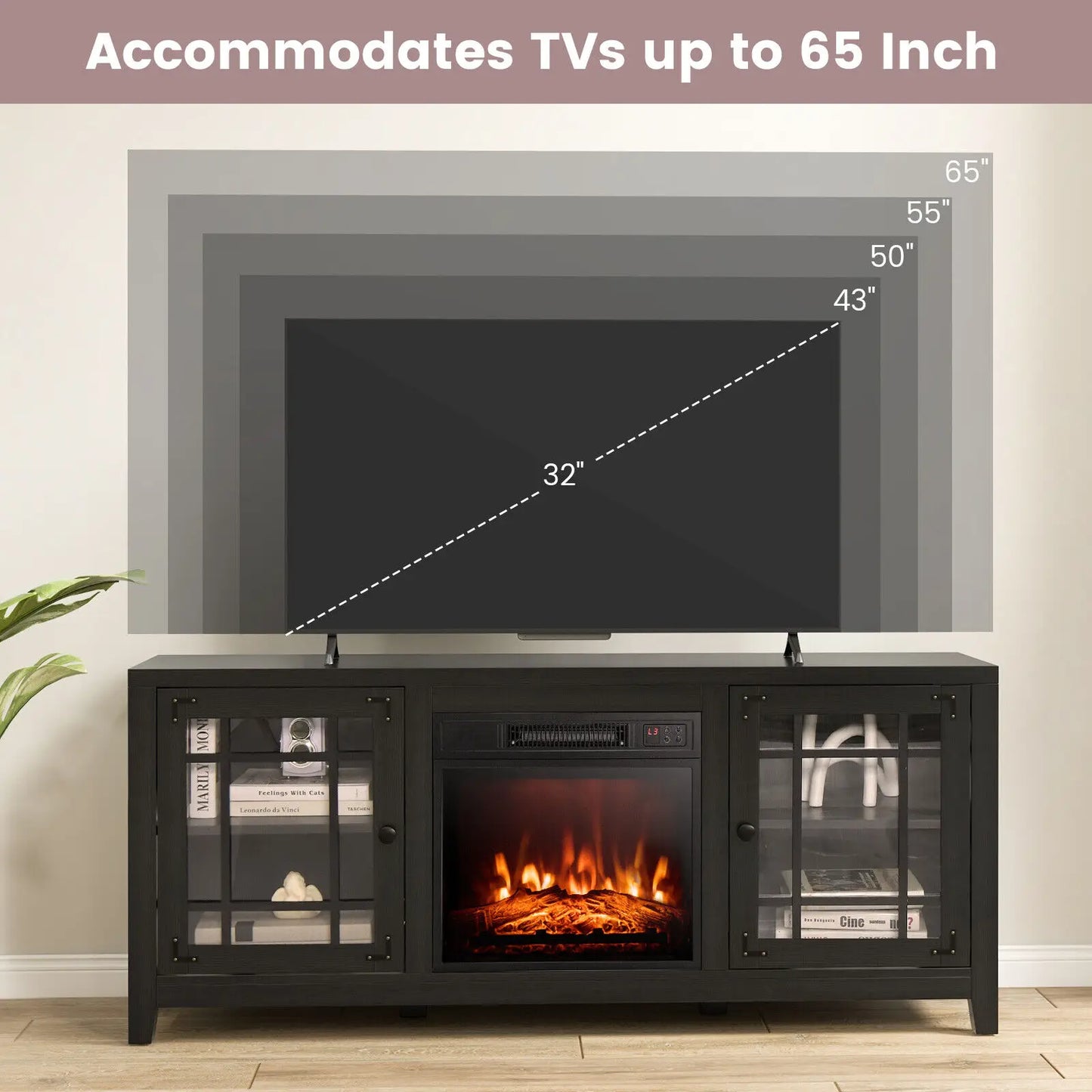 Warm Hearth: 65'' TV Stand with Adjustable Shelves & 18'' Electric Fireplace