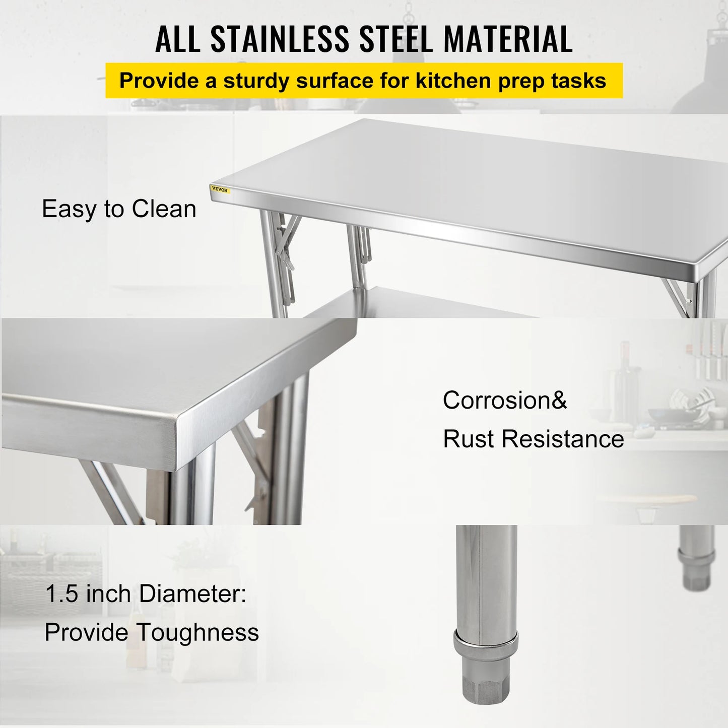 VEVOR Commercial Worktable 48 x 24 Inch Folding Table, Heavy-duty Stainless Steel w/ 772 lbs Load