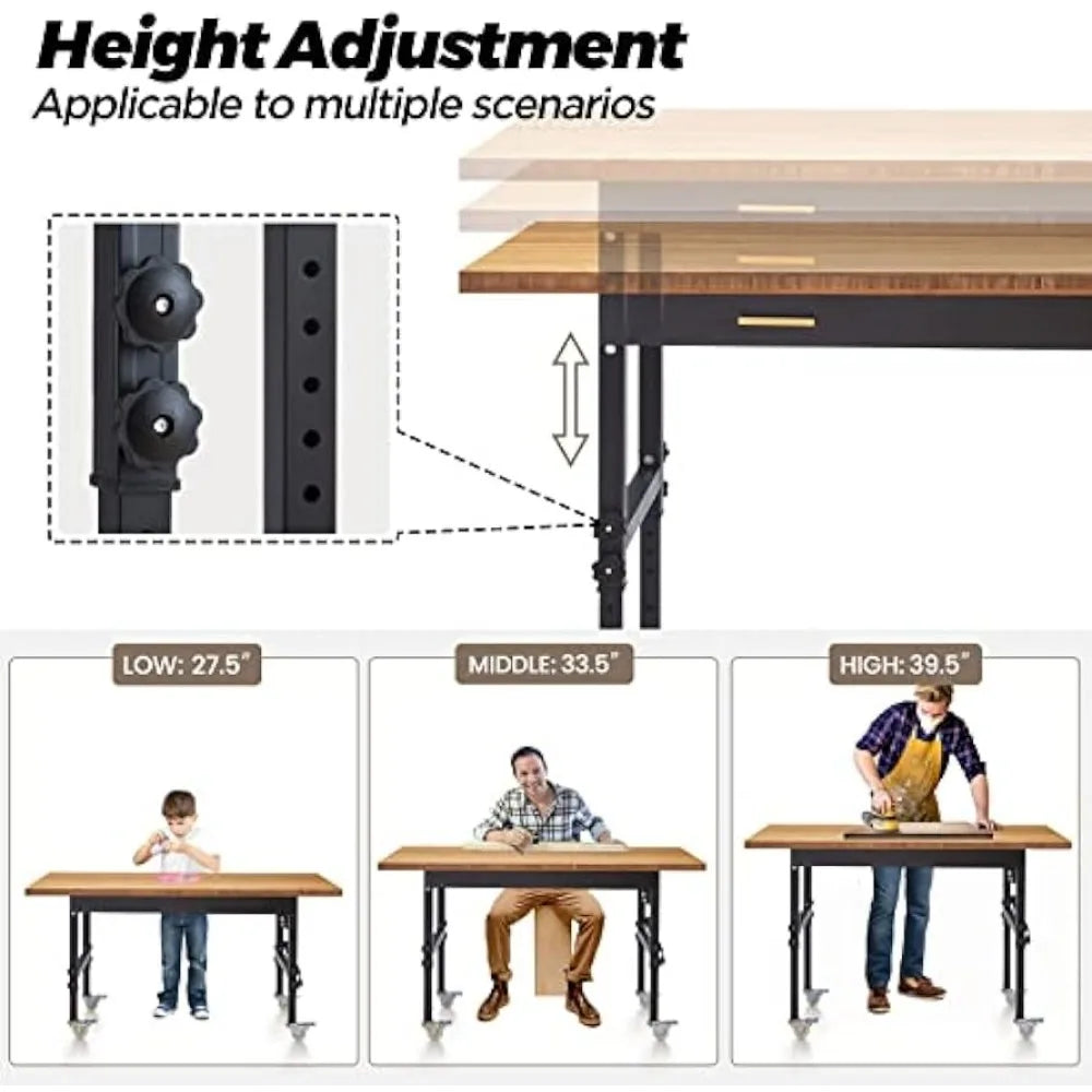 Workbench for Garage Workbench with Drawer, Height Adjust,  Power Outlet, Wheels 59’’ x 23.6’’ 1.5’’