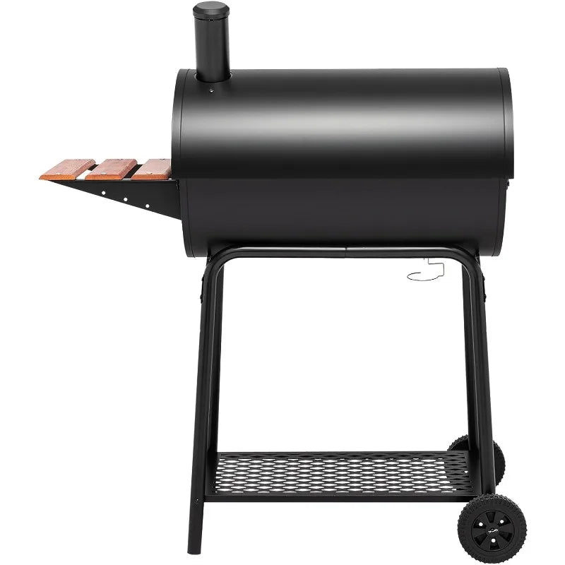 30 Barrel Charcoal Grill with Wood-Painted Side Front Table, 627 Square Inches Cooking Space