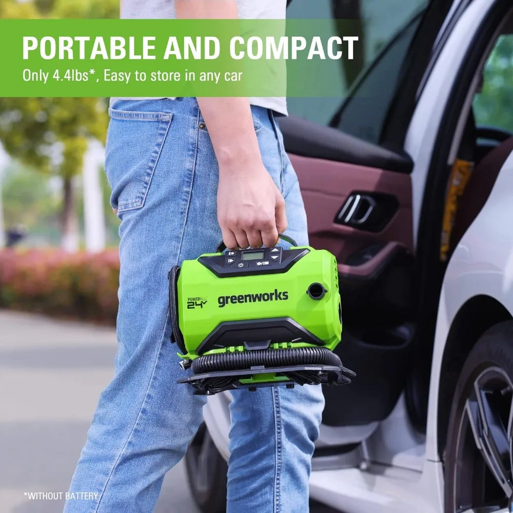 Greenworks 24V Cordless, 160 PSI Portable Air Compressor, 2 Power Sources, Auto Shut Off