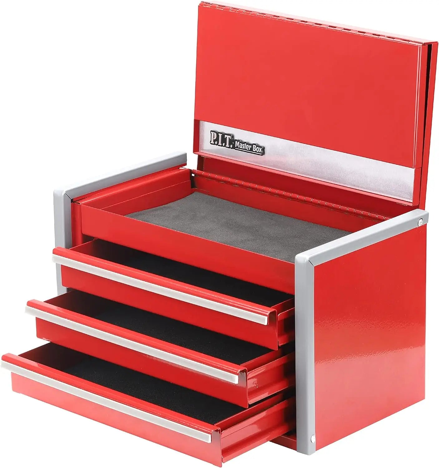 Mini Red Tool Box: Portable 3-Drawer Steel with Magnetic Tab Locking, Red Micro Top Chest for Tools