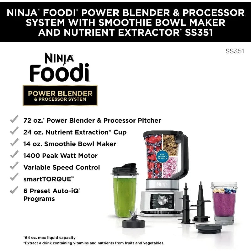 Ninja SS351 Foodi Power Blender & Processor System 1400 WP Smoothie Bowl Maker 6 Functions for Bowls