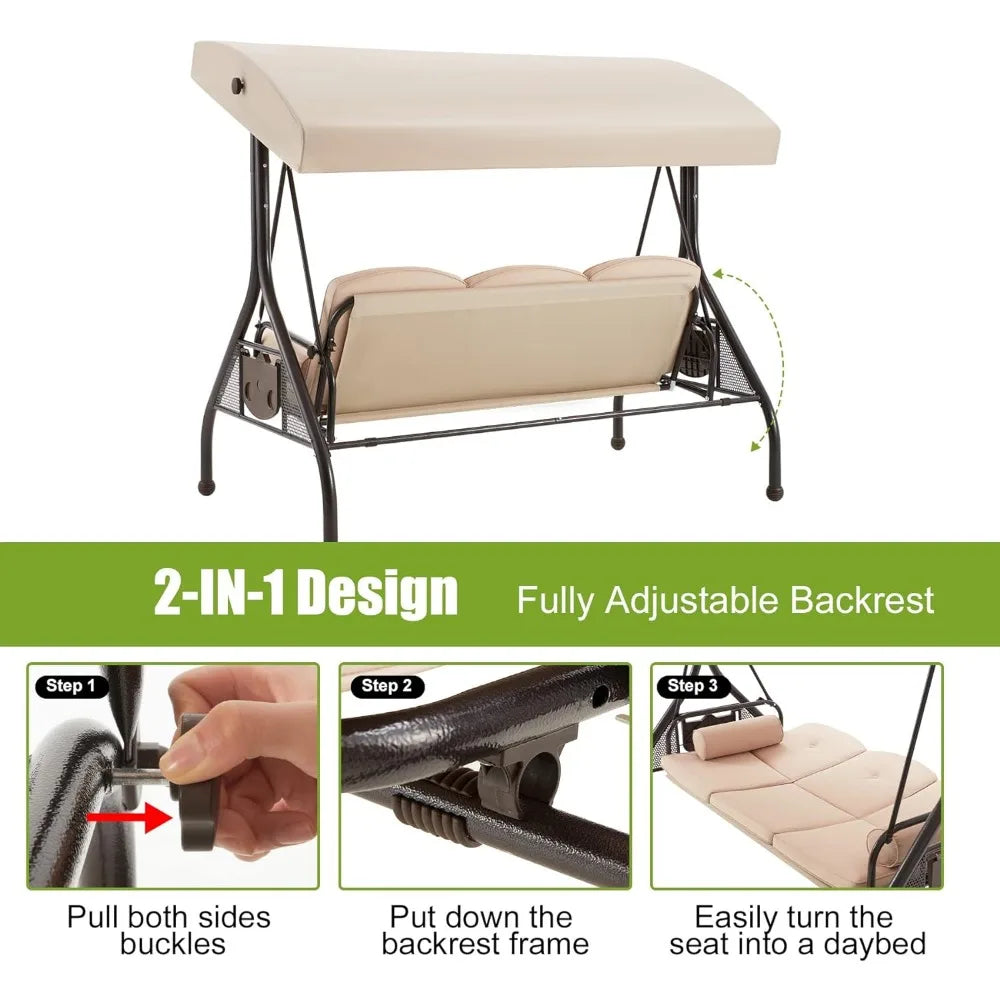 3-Seat Porch Swing Glider Chair W/Canopy, Adjustable Backrest, Cushions, Pillows & Cup Holders