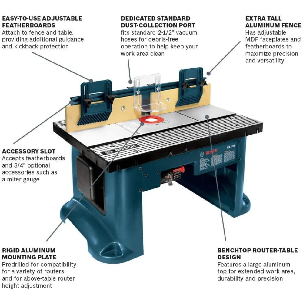 RA1181 Benchtop Router Table 27 in. x 18 in. Aluminum Top with 2-1/2 in. Vacuum Hose Port